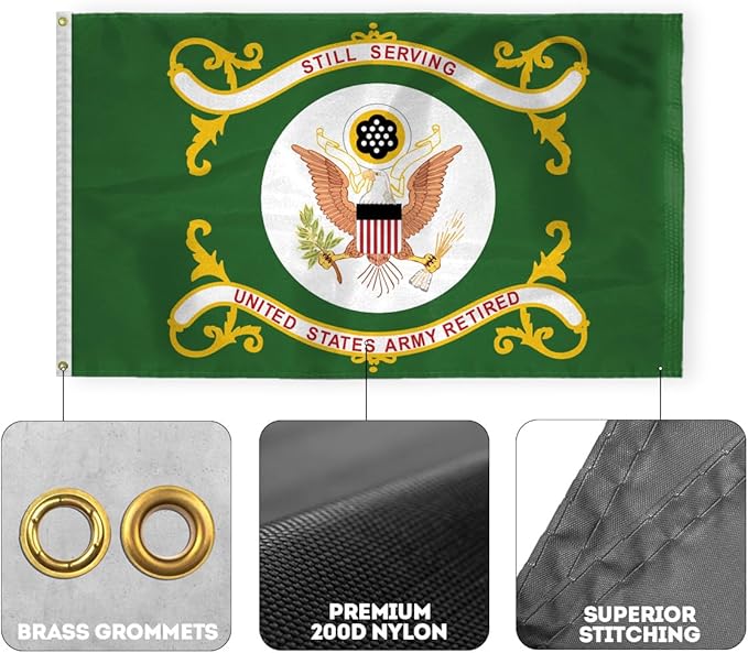 AGAS Large US Army Retired Flag 5x8 Ft - Printed 200 Denier Nylon - Double Stitched Edges Canvas Header Brass Grommets - Outdoor Huge USA Army Retired Flag
