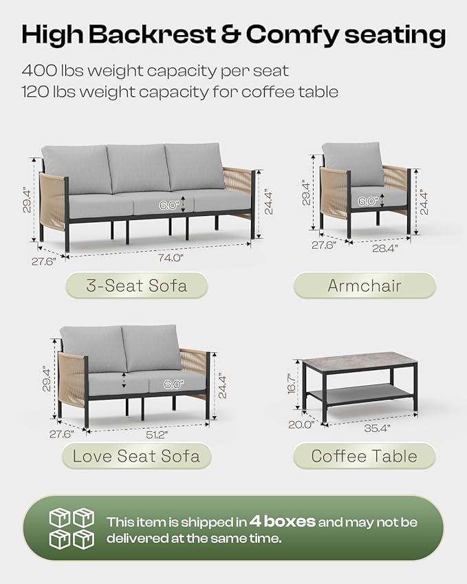 Aluminum Outdoor Sofa Armchair, HDPE Rope Patio Couch with Washable Thick Cushion, All-Weather Outdoor Patio Chairs Set of 2 for Balcony, Yard, Gray Frame, Gray
