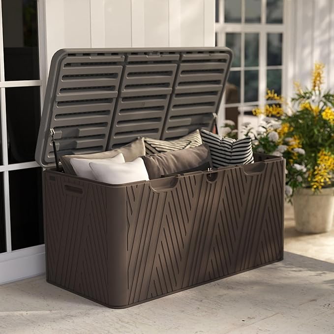 110 Gallon Outdoor Storage Box, Waterproof Patio Deck Box with Lockable Lid, Heavy-Duty HDPE Bench for Garden Tools, Cushions (Brown, 110 Gallon)