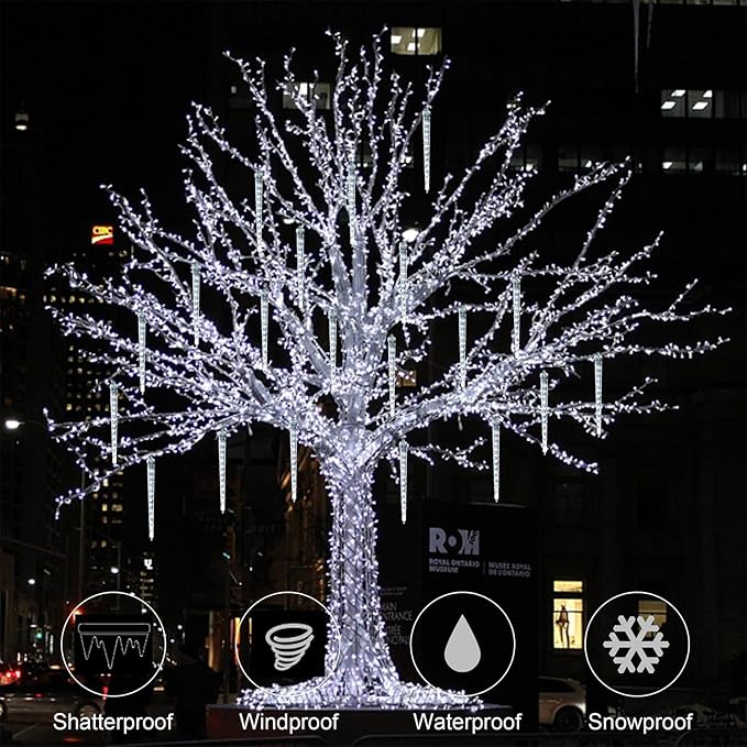 WATERGLIDE 16 Icicles Meteor Shower Lights, 12" Outdoor Icicle Christmas Lights 384 SMD LED Crystal Ice Falling Light, Connectable Raindrop Iciclelight, Xmas Winter Party Tree Holiday Decor, White