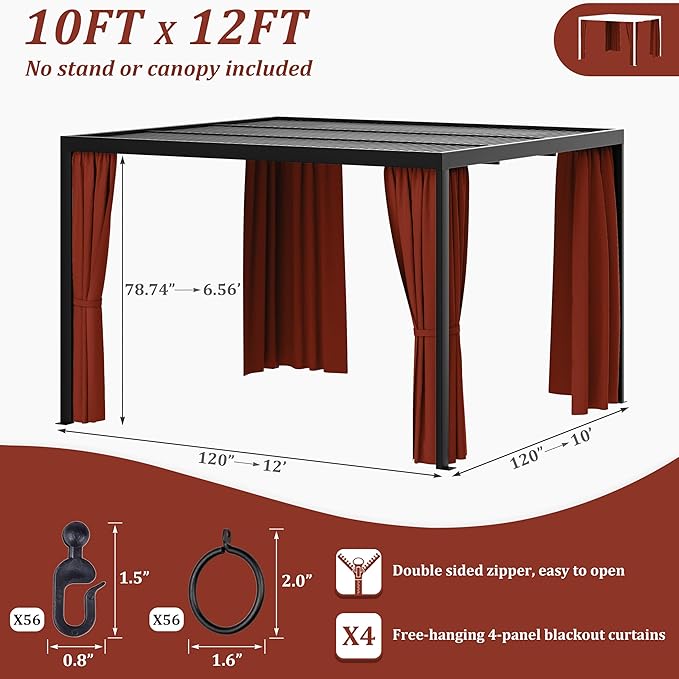Gazebo Universal Replacement Privacy Curtain,10'×12' Gazebo Outdoor Waterproof Curtains, 4-Panels Sidewall Curtains with Double Zipper for Patio Canopy, Garden and Backyard (Curtain Only)
