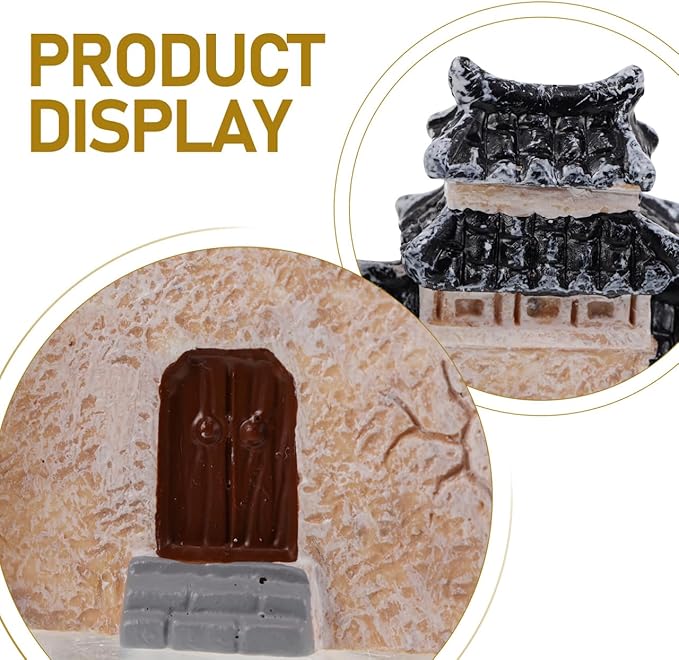 DECHOUS 10Pcs Miniature Village House: Resin Miniature Fairy Garden Houses with Chinese Stone Lion Statue - Micro Landscape Cottage Ornaments Kit for DIY Garden Bonsai Terrarium