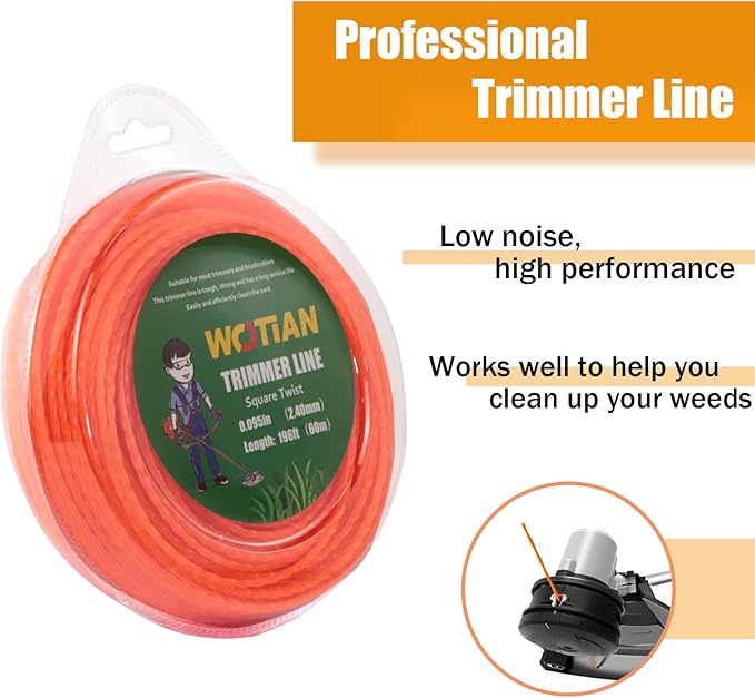 WOTIAN Weed Eater String 0.095-Inches Square Twisted Trimmer Line .095" 196ft Square Twist Weed Wacker String of Premium Nylon Compatible with Stihl Echo Grass Cordless Electric Trimmer,Orange