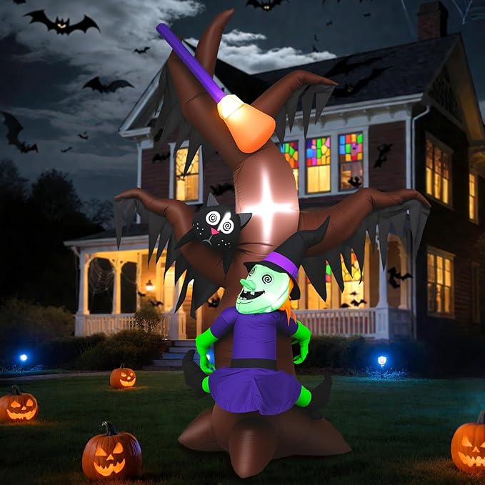 8FT Halloween Inflatables Witch Climbing Dead Tree with Cat & Broomstick, Large Blow Up Yard Decorations, Self-Inflating Spooky Outdoor Halloween Inflatable for Parties, Garden, Lawn