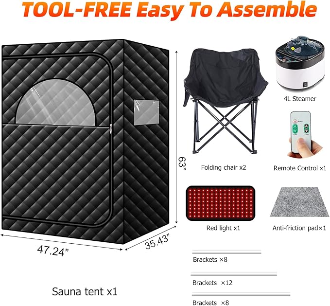 Portable Infrared Steam Sauna with Red Light Therapy Lamp, 2 Person Saunas Tent with 4L Steamer, 2 Large Folding Chairs, Remote Control, Indoor 1 or 2 Person Home Spa for Gym/Pilates/Garage