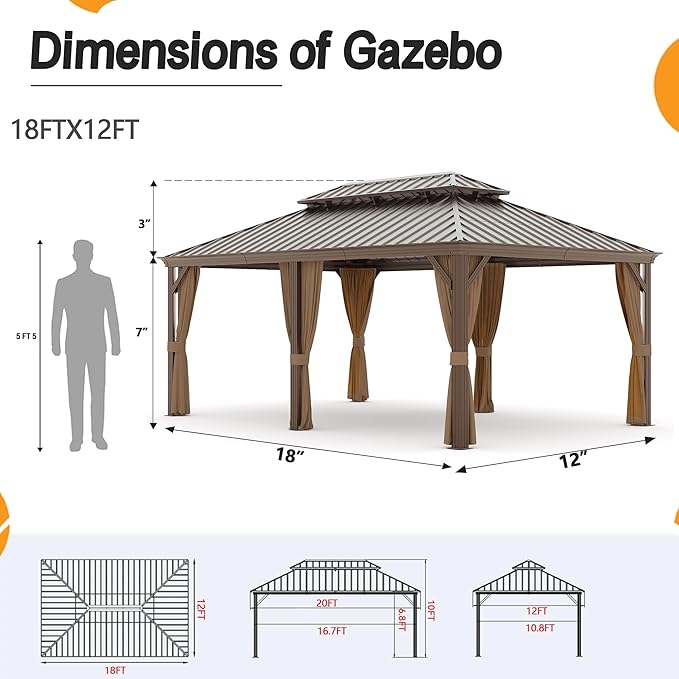 12' x 18' Outdoor Hardtop Gazebo Aluminum Frame with Double Metal Roof, Canopy Netting, Curtain, Patio Permanent Galvanized Steel Gazebo for Backyard, Garden, Party, Deck, Lawn