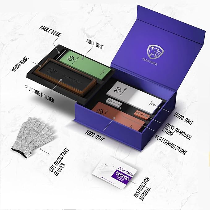 Premium Knife Sharpening Stone Kit - YeopAsda 3 Sides Grit 400/1000/6000 Whetstones - Knife Sharpener Stone with Non-Slip Wood Base, Angle Guide & Cut Resistant Gloves