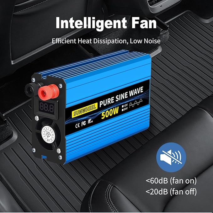 SUNWHEEL 500W Pure Sine Wave Inverter, 12V DC to 110V/120V AC Car Power Inverter with 2 AC outlets and LCD Display