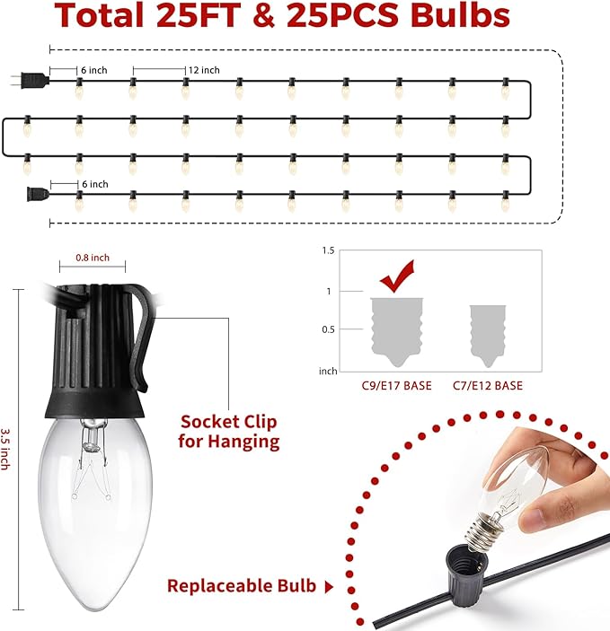 Minetom C9 Clear Christmas String Lights, 25FT 25 Blubs Bright & Warm Outdoor Christmas Lights, Long Life C9 String Lights for Tree Patio Gazebo Wreath, Black Wire