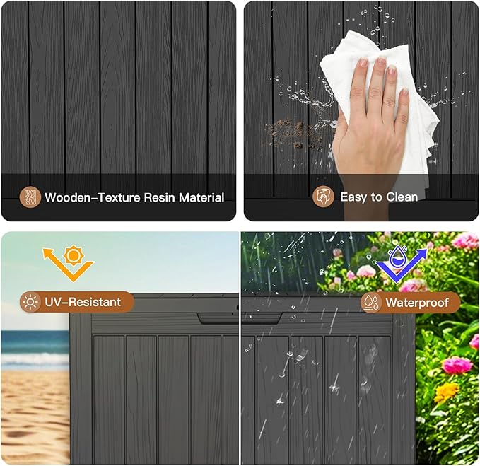 Outdoor Storage Box, Deck Box Waterproof 45 Gallon, Resin Outside Storage, Storage Bin for Package Delivery, Patio Furniture Cushion, Pool Accessories, Weatherproof and UV Resistant, Black