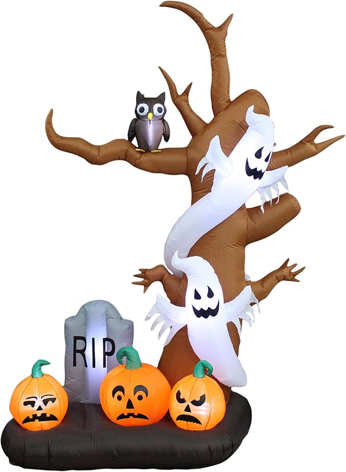 9 Foot Tall Halloween Inflatable Tree with Ghosts, Pumpkins, Owl and Tombstone LED Lights Decor Outdoor Indoor Holiday Decorations, Blow up Lighted Yard Decor, Lawn Inflatables Home Family Outside