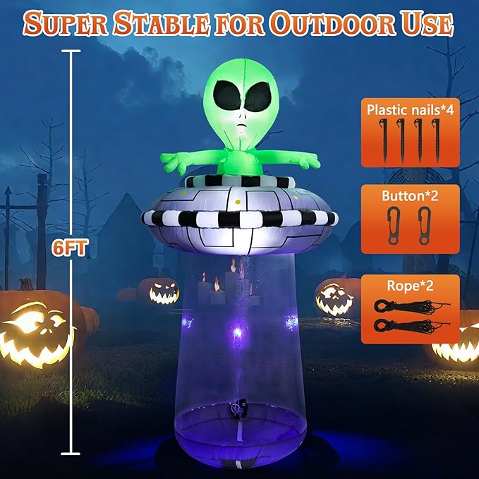 6FT Halloween Inflatable Alien with UFO Spaceship, Lighted Blow Up Outdoor Decoration with Spinning Lights, Giant Green Alien Prop for Lawn, Yard, Party, Haunted House