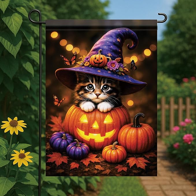 Fall Halloween Garden Flag Kitten Cat Flag 12x18 Inch Double-Sided Cute Pumpkin Witch Hat Yard Banner Autumn Outdoor Decor for Porch Lawn Pathway Cat Lover Holiday Gift