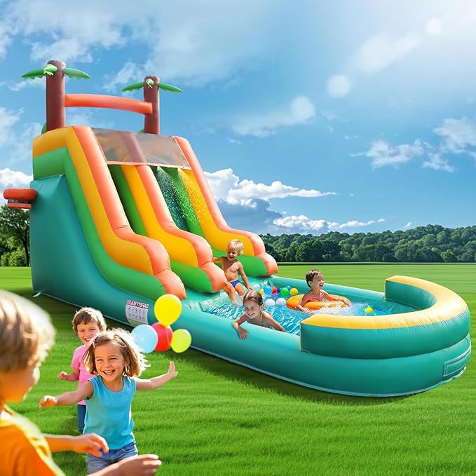 Inflatable Water Slide for Kids & Adults, 26FT 100% PVC Waterslide with Big Splash Pool, Widen Slide with Shallow Pool, 950W Air Blower, Ideal for Backyard, Park (Green Coconut Tree Design) 2
