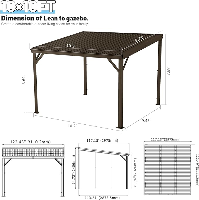 Domi 10’x10’ Lean-to Gazebo, Hardtop Wall-Mounted Gazebo Pergola with Sloping Galvanized Steel Roof and Upgraded Drainage System, Outdoor Permanent Metal Shelters for Patio Backyard Deck, Brown