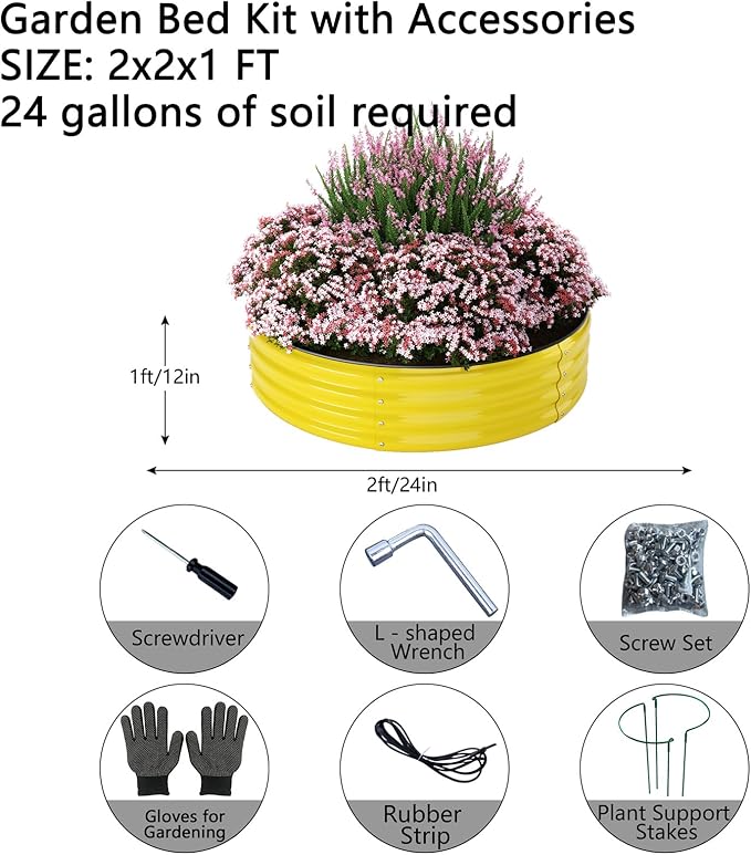 Galvanized Metal Planter Round Raised Garden Bed Kit for Gardening Outdoor，2x2x1ft Grow Garden Box Raised Flower Bed，Round Galvanized Planter Outdoor Metal Fire Pit Ring