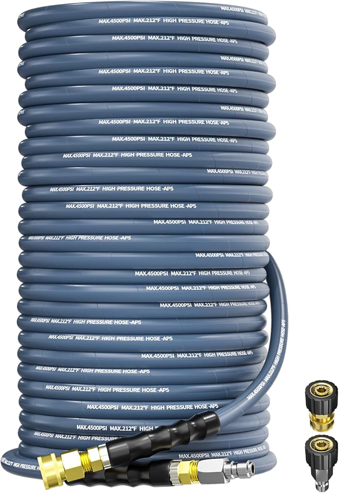 Pressure Washer Hose 200FT 3/8" for Cold and Hot Water 212°F, with Swivel Quick Connect, 4500PSI Kink Resistant Grade Steel Wire Braided, Power Washer Hose With 2pcs M22-14mm Adapter