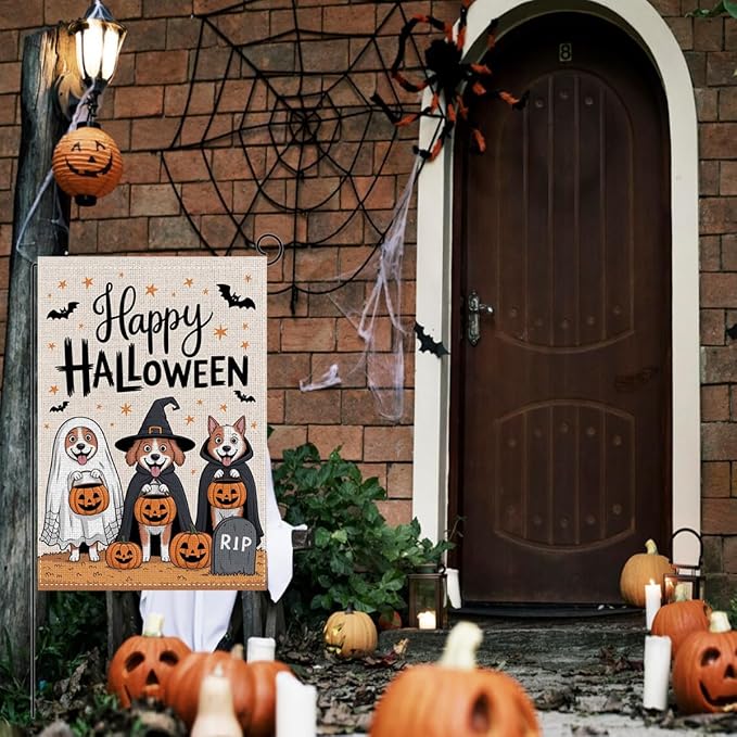 HTBIG Happy Halloween Garden Flag, Funny Dog Pumpkin Halloween Decor, Yard Flags for Outside 12x18 inch, Outside Yard for Home Decorations