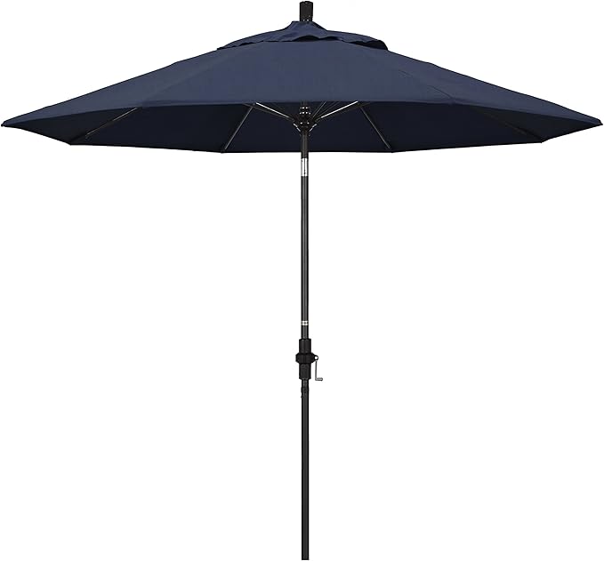 California Umbrella 9' Round Aluminum Pole Fiberglass Rib Market Umbrella, Crank Lift, Collar Tilt, Black Pole, Sunbrella Spectrum Mist