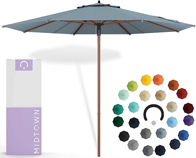 Midtown Umbrellas The Wooden 8 Feet Patio Umbrella With Sunbrella Canvas Haze Acrylic Fabric - Aluminum Frame Market Umbrella For Backyard, Deck, Garden, Pool - Wooden Pole