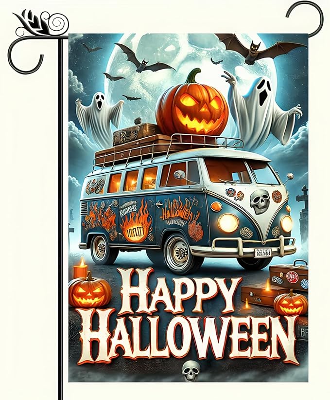 Happy Halloween Garden Flag 12x18 Inch Double Sided Spooky Truck Garden Flag Pumpkins Jack-o'-lantern Ghost Welcome Flag Yard Outdoor Decorative Outside Banner