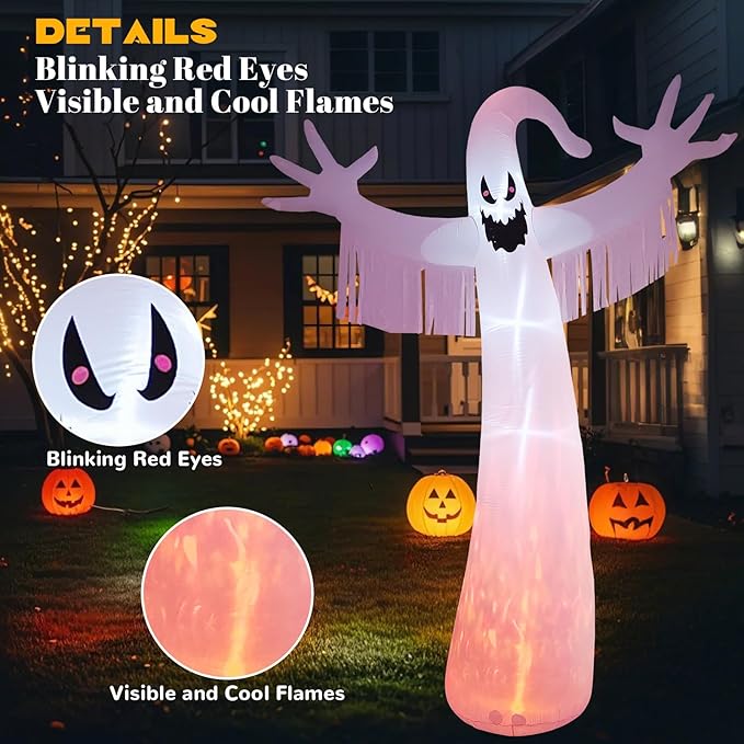 12FT Halloween Inflatables Outdoor Decorations: Inflatable Ghost with Fire Flame and Blinking Red Eyes, Blow up Decor for Yard Garden Lawn Home Holiday Party