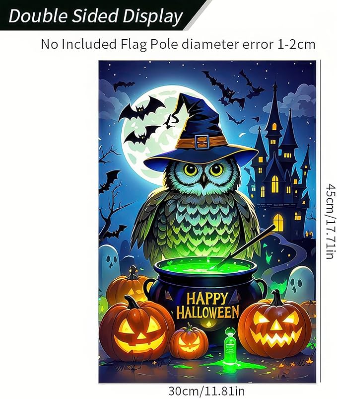 Garden Flags 12x18 Inch Halloween Garden Flag Fall Flags for Outside Vertical Double-Sided Owl Witch Cauldron Pumpkin Haunted Castle Outdoor Holiday Yard Banner for Porch Lawn Decoration
