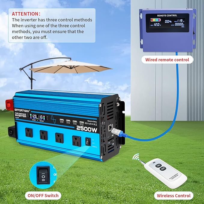 2500w Pure sine Wave Inverter DC 12V to AC 110V/120V Converter, 5000w (Peak) with LCD Display, Wireless/Wired Remote Control, 4AC outlets and 4USB.Ideal for Camping, RV Travel, Off-Grid Solar Systems