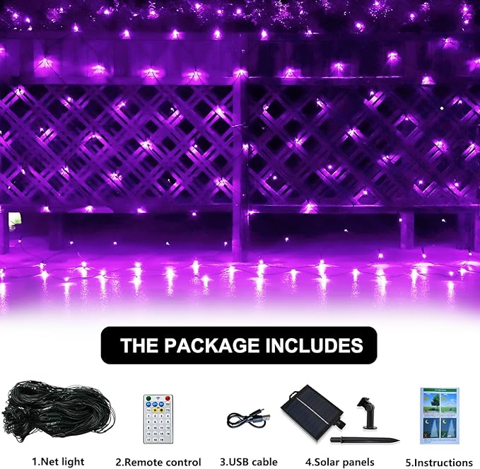Solar Net Lights Outdoor Mesh Lights Christmas Decorations, 200LED String Tree Wrap Waterproof 19 Modes for Bushes, Fence,Garden, Shrubs,Trunk, Halloween,Xmas Decor (Purple, 9.8ft x 6.6ft)