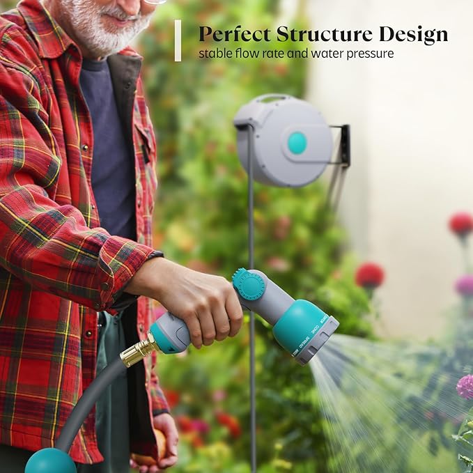 100 ft x 1/2" Retractable Garden Hose Reel | All-weather Water Hose Reel Wall Mounted | Any Length Lock & 180°Swivel, Water Hose with 10-Function Nozzle for Cleaning, Watering (Green)