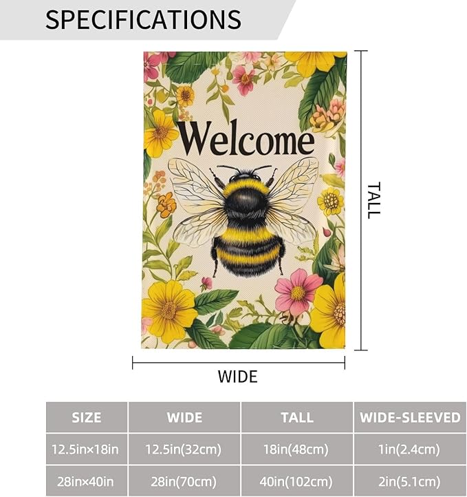 Bee Garden Flag Vertical Double Sided Outdoor Yard Flags 12.5x18 Inch Burlap Banners for House Lawn