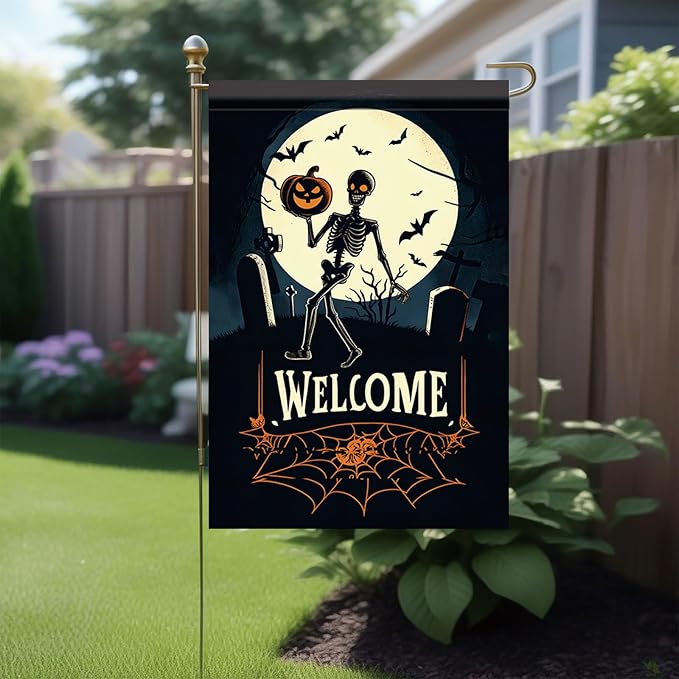 Halloween Garden Flag Skeleton Pumpkin Outdoor Yard Decoration Welcome Banner 12x18 Inch Double Sided Holiday Lawn House Vertical Seasonal Sign Skeleton with Pumpkin Small Yard Flag