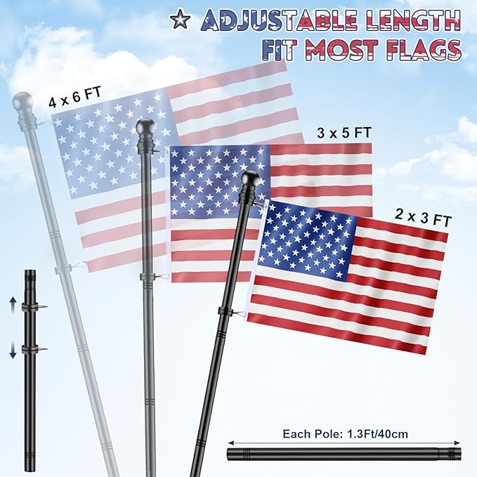 REERON Flag Pole for Outside House Porch Wall Mount, 7 FT 1" No Tangle Stainless Steel Spinning Flagpole Kit with 360° Metal Flag Pole Rings Clips & 2-Position Holder for 3x5' 4x6' American Flags
