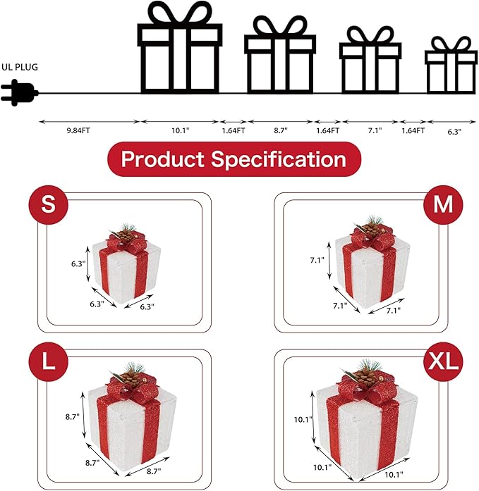 Set of 4 Christmas Lighted Gift Boxes, 70 LED Stackable Light Up Present Boxes for Christmas Decorations Indoor Outdoor Yard Lawn Porch Home Decor(Max. 10")