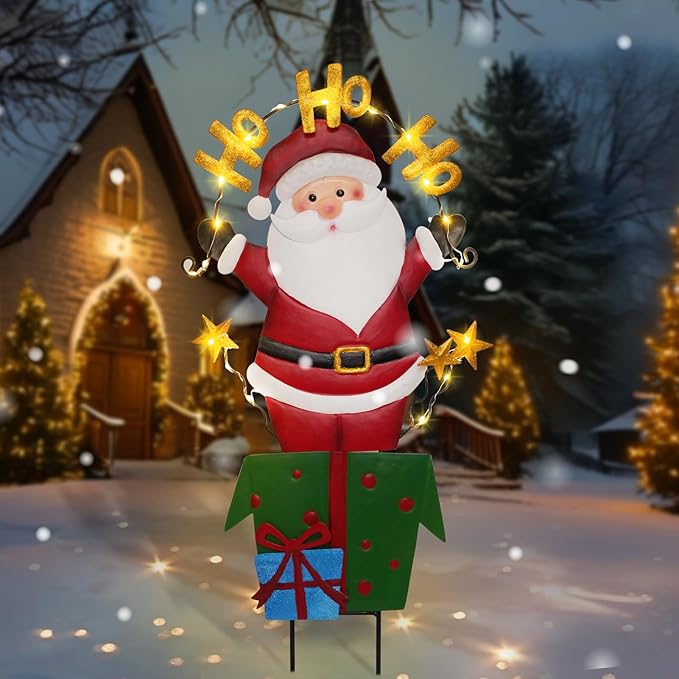 Solar Christmas Lights Outdoor Garden Stakes, 30in Metal Santa Claus Yard Signs with LED String Lights, Waterproof Christmas Decor for Xmas Lawn Pathway Patio Party Winter (Santa Claus)