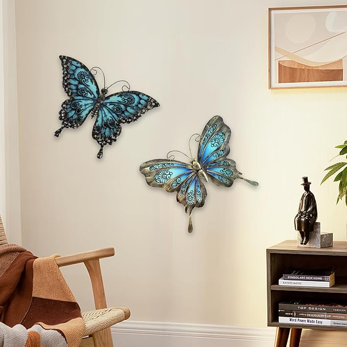 LIFFY Metal Butterfly Wall Decor,2Pack 12" Hanging Glass Butterfly Outdoor Decor,Garden Decorative Ornaments Outside for Home,Yard,Fence,Patio