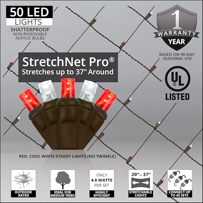 Wintergreen Lighting 50 Red-Cool White StretchNet Pro Expandable Christmas Net Lights for Medium Trees, LED Tree Wrap Lights - 20 x 45 Stretchable Net - Brown Wire Tree Net Lights