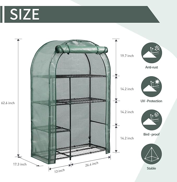4-Tier Mini Greenhouse, 40 x 18 x 63 inch Steel Frame and PE Cover Plastic Plant Rack Stand Green House with Plant Repotting Mat for Indoor & Outdoor Use (Clear and Green)