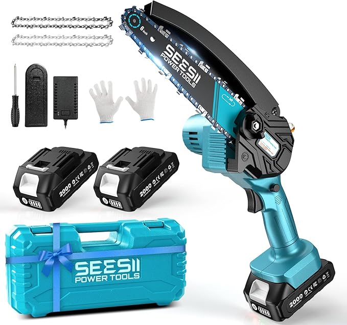 SEESII Mini Chainsaw 6 inch,Cordless Chainsaw w/ 2x2000mAh Batteries,Oiler System & Replacement Chain,Handheld Electric Chain Saw w/Safety Lock,Battery Powered Chainsaw for Wood Tree Cutting, CH600+