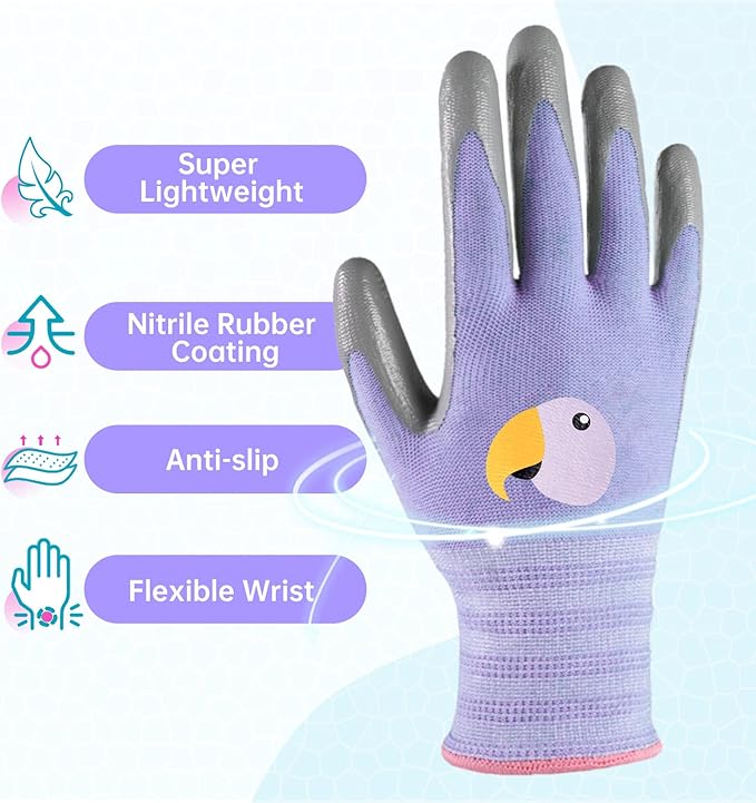 ANDANDA Kids Gardening Gloves, Nitrile Coated Children Yard Work Gloves with Grip, Suitable for Toddlers, Children, Girl, Boy