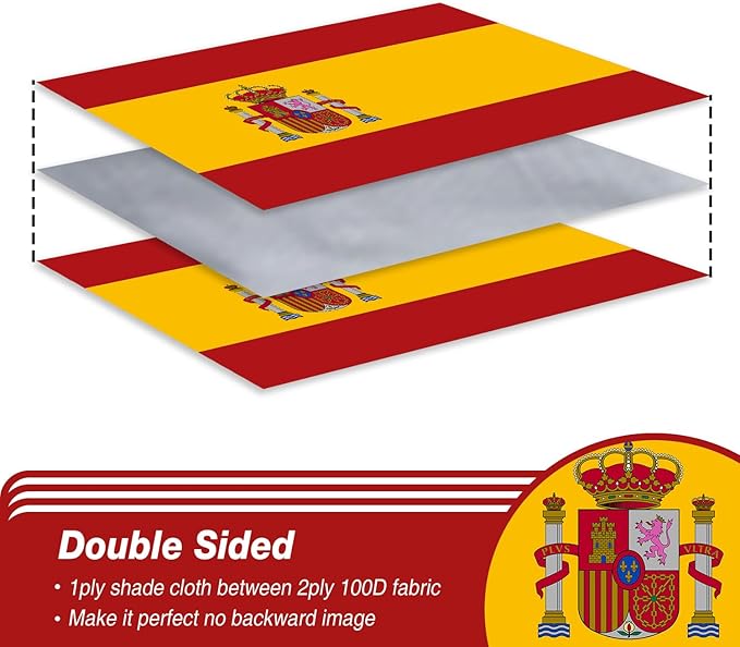 Spain Spanish Flag 3x5 ft Outdoor, Double Sided 3 Ply Heavy Duty Spain National Country Flag, 100% Quality Polyester Spanish Banner with Brass Grommets 4 Rows Stitches