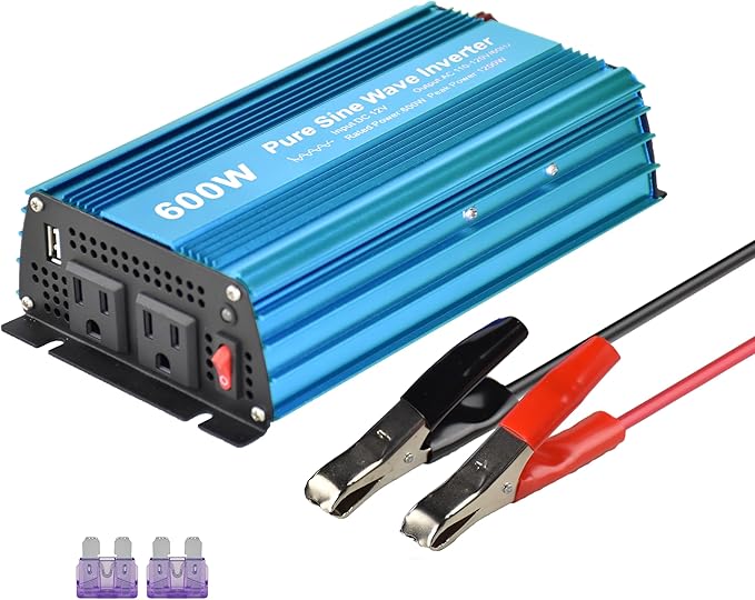 DC 12V to AC120V Pure Sine Wave Power Inverter 600W with Dual sockets Output and DC 5V 2Amp USB Output. Ideal for Most Small Power appliances. (600W)