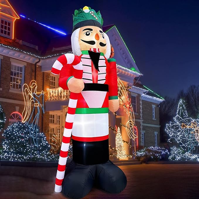 TURNMEON 12 Foot Giant Christmas Inflatables Nutcracker Decoration Outdoor Blow Up Candy Cane Christmas Decoration with Build-in LED Light Tethers Stakes Xmas Decor Holiday Party Yard Garden Lawn Home