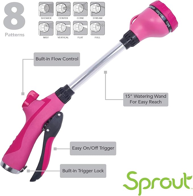 65103-AMZ Sprout 8-Pattern 15" Watering Wand and QuickConnect Product Adapter Amazon Bundle, Raspberry Red