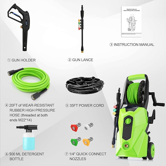5000PSI Pressure Cleaner, 2025 New Power Cleaner with 33FT Flexible Extension Pressure Cleaner Hose Reel, 4 Nozzles, Professional Power Cleaners for Home/Car(Green)