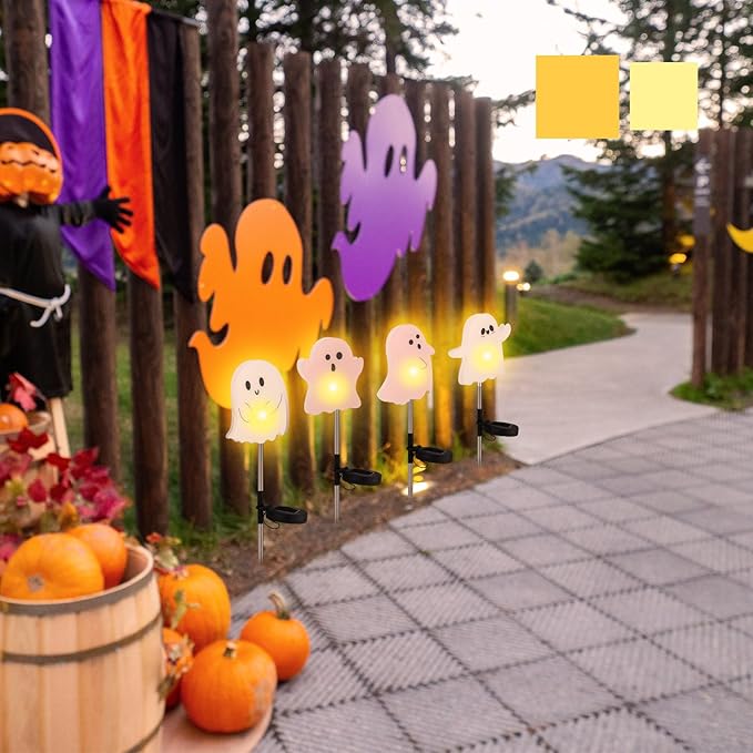 Retisee 4 Pack Halloween Ghost Solar Light with Stakes Outdoor Decorative Yard Signs with Waterproof Solar Lights Halloween Party Favors for Walkway, Pathway, Driveway, Yards, Garden, Lawn