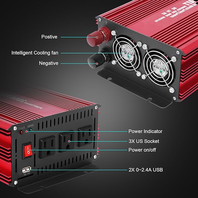 Power Inverter 2000 Watt, Modified Sine Wave Power Converter 2000W DC 12V to 110V AC Car Inverter with 2.4A USB Ports 3 AC Outlets Red