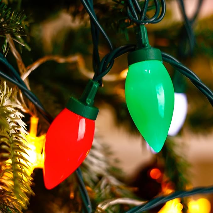 HAYATA C9 Big Bulbs Classic Christmas Lights 50 LED 32ft Strawberry String Light - Outdoor, Indoor, Garden, Yard, Party, Home, Wreath, Garland,Tree (Red White Green - 50LED)