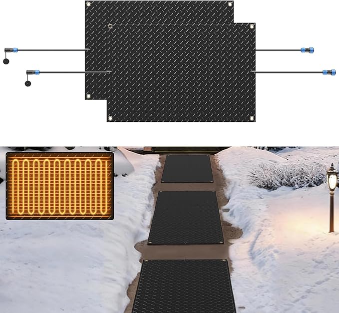 Snow Melting Mats Outdoor for Walkways, 20 x 30 in 2 Pack No-Slip Heated Outdoor Mats with 10 ft Power Cord, 3 in/h Speed Snow and Ice Melting Pads for Winter Backyards Snow Removal