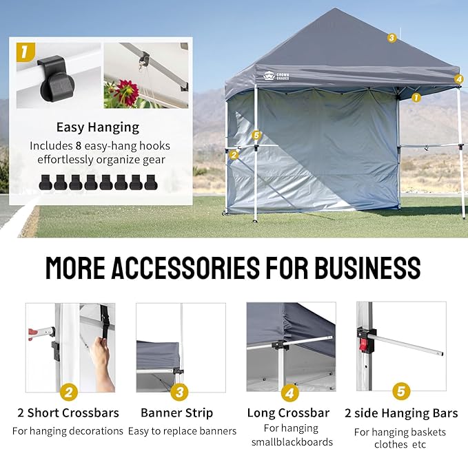 CROWN SHADES 10x10 Pop Up Canopy Tent with 1 Comercial Kit, Instant Commercial Tent with Patended Centerlock, 400D Silver Coated Fabric, 1 Sidewall, 4" Wheels, Sto'N Go Bag,Grey